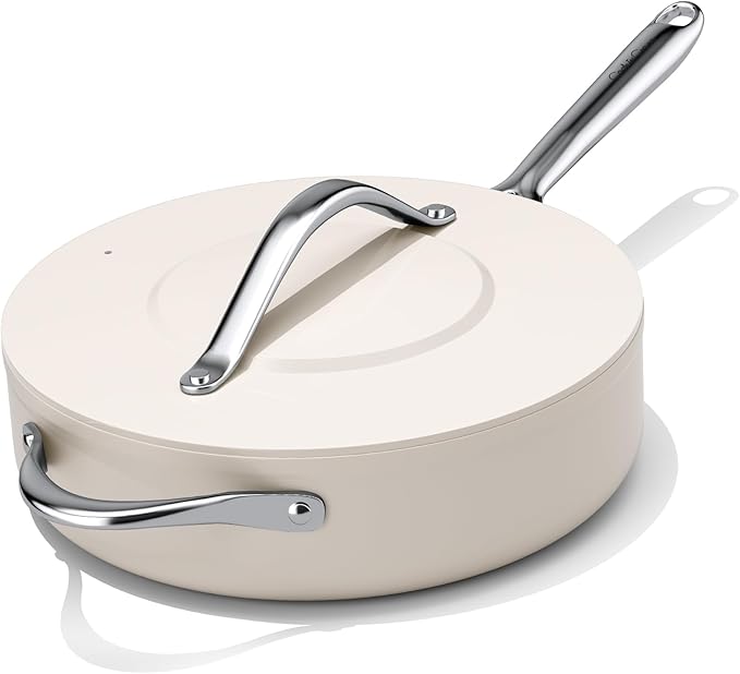 Nonstick Ceramic Saut챕 Pan with Lid (4.5 qt, 11") Deep Frying Pan for All Cooktops Non Toxic Skillet PTFE/PFOA/PFAS Free, Even Heat Distribution, Oven Safe w/Stay-Cool Handle, Cream