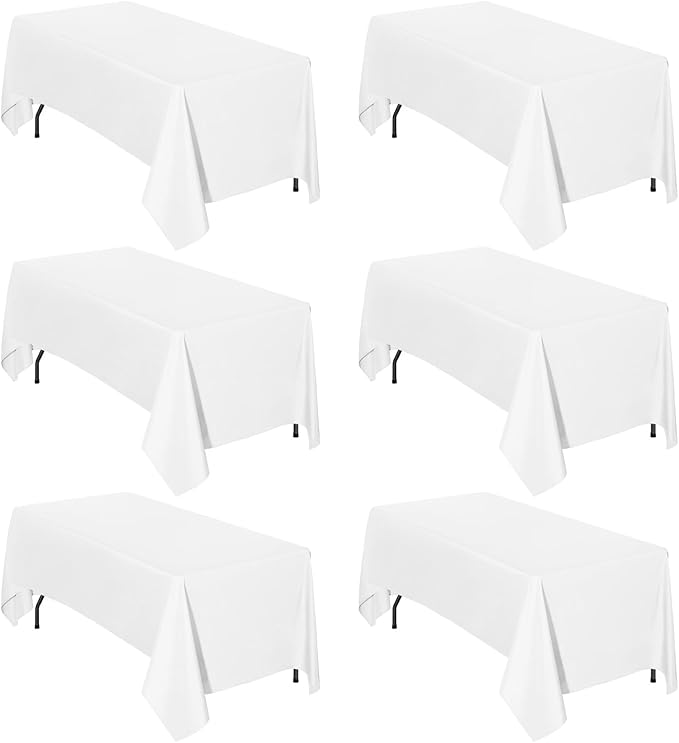 Easy-Going 6 Pack White Tablecloths 60x126 Inch for 6 Ft Rectangle Table, Washable Polyester Waterproof Stain Resistant Table Cloth, Decorative Table Cover for Kitchen, Dining Tables, Events