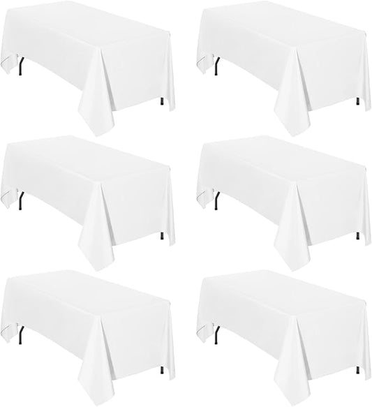 Easy-Going 6 Pack White Tablecloths 60x126 Inch for 6 Ft Rectangle Table, Washable Polyester Waterproof Stain Resistant Table Cloth, Decorative Table Cover for Kitchen, Dining Tables, Events