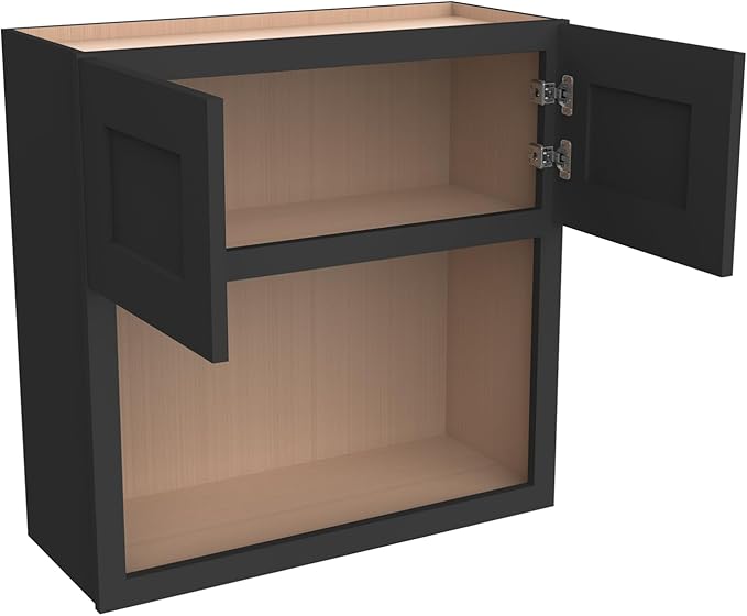 Solid Wood RTA Wall Microwave Cabinet with Open Shelves ??Shaker Style, Space-Saving Kitchen Pantry Storage, Durable and Versatile Wall-Mounted Organizer (SK-Charcoal Black, 30" W x 24" D x 42" H)