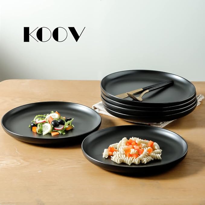 KOOV Ceramic Dinner Plates Set of 6, 10.25 Inch Large Porcelain Plates for Salad, Pasta, Kitchen Serving Dish, Reactive Glazed (Matte Black)