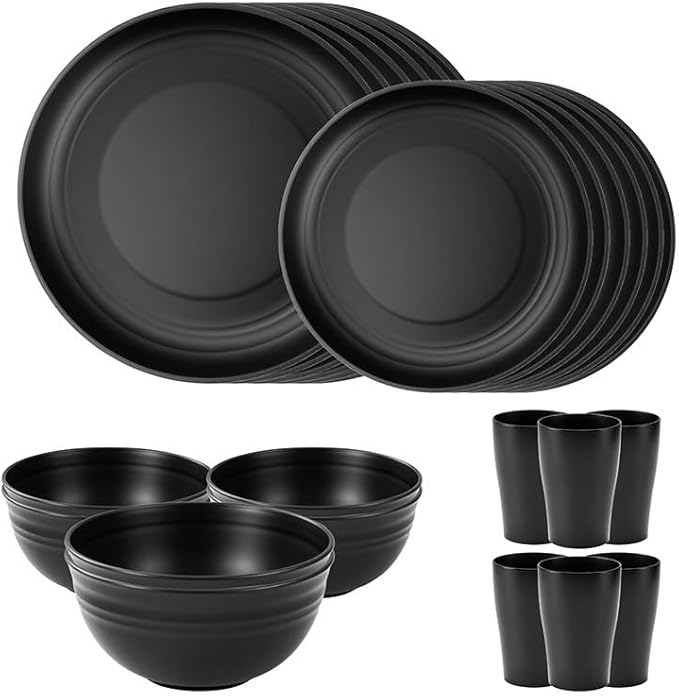 24-Piece Wheat Straw Plates and Bowls Set for 6, Black Unbreakable Dinnerware, Dishwasher & Microwave Safe, Reusable Eco-Friendly BPA-Free for Picnic Birthday Camping Outdoor Dining