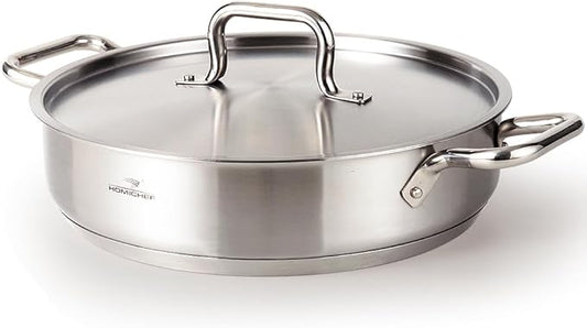 HOMICHEF Braiser Pan 5 Quart with Lid Nickel Free Stainless Steel - Matte Polished Deep Saute Pan Non Toxic - 5 Qt Braiser with Stainless Steel Lid Induction
