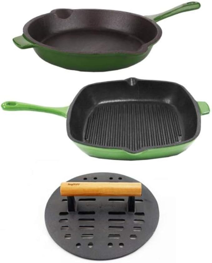 BergHOFF 3Pc Neo Enameled Cast Iron Cookware Set, Fry Pan 10 inches, Grill Pan 11 inches, Slotted Steak Press, Oven Safe Up To 400째F, Green