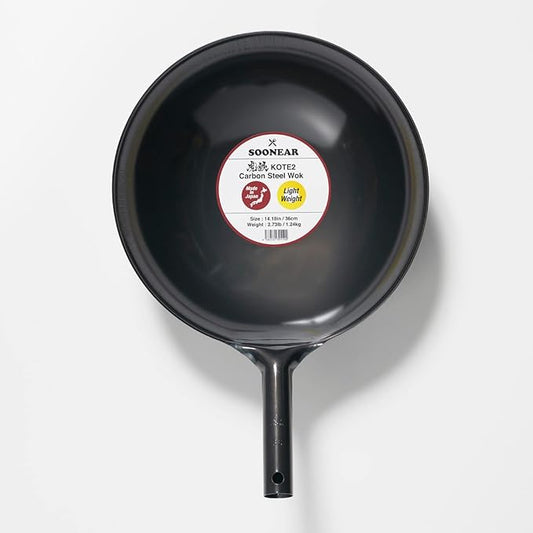 [Made in Japan] KOTE2 Light Weight Carbon Steel Wok 14 1/4" 2.73lb(30% less) Gas Fire Round Bottom Carbon Steel Handle No Rivets