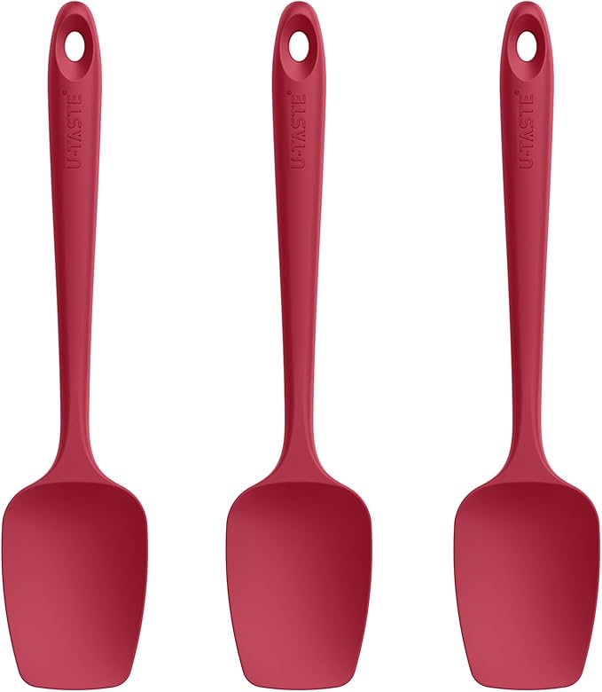 U-Taste Silicone Spoon Spatula Set, 600쨘F High Heat Resistant Food Grade Flexible Rubber Scraper, Integrated Cooking Mixing Baking Kitchen Utensils Set of 3 for Nonstick Cookware (Red)