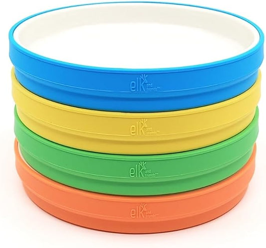 Elk and Friends Kids 7.8??Porcelain White Plates with Silicone Sleeves | Suitable for Babies/Toddlers | Microwave & Dishwasher Safe | Non Slip Dinnerware | Snack Dishes | 4 Pack