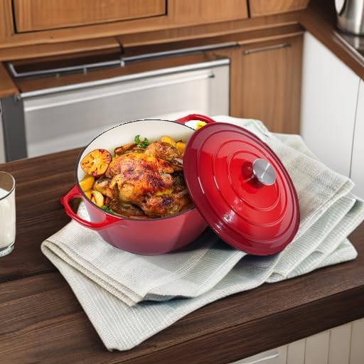 6 Quart Dutch Oven Enameled Cast Iron with Lid - Big Dual Handles - Oven Safe up to 500째F - Classic Round Pot for Versatile Cooking (Red, 6 QT)