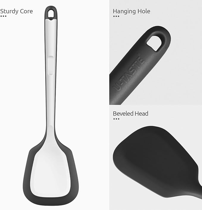 600쨘F Heat Resistant Silicone Turner: U-Taste 13.6in Long Solid & Slotted Thick Kitchen Spatula Flipper, Large Flexible Cooking Utensil for Flipping Egg in Nonstick Cookware (Classic Black, 2PCS)