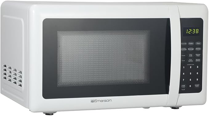 Emerson MW7302W Compact Countertop Microwave Oven with Touch Control, LED Display, 700W, 10 Power Levels, 6 Auto Menus, Glass Turntable and Child Safe Lock, 0.7 Cu., Ft. White