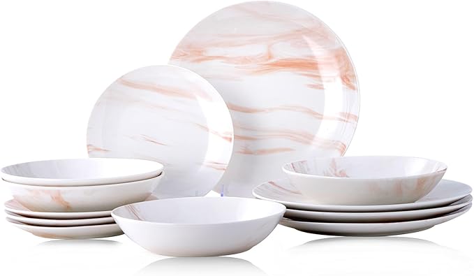 Bestone 12 Pieces Round Kitchen Dinnerware Sets,Plates and Bowls sets,Dishes, Plates, Bowls, Dish Set竊똏lates and Bowls,Service for 4, Orange and White Marble