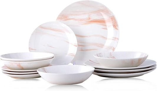 Bestone 12 Pieces Round Kitchen Dinnerware Sets,Plates and Bowls sets,Dishes, Plates, Bowls, Dish Set竊똏lates and Bowls,Service for 4, Orange and White Marble