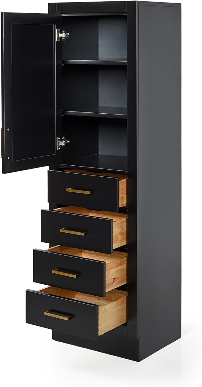 ARIEL Hepburn Bathroom Storage Cabinet - Solid Hevea Wood and Fully Assembled for Long-Lasting Durability and Sophisticated Finish, Freestanding Linen Bathroom Cabinet - 65?쒱 x 20?쓂 x 16?쒭, Black