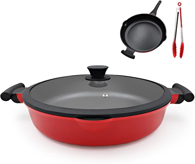 2-In-1 Nonstick Deep Frying Pan Skillet, 12.5 Inch Saute Pan with Lid Non Toxic, PTFE & PFOA Free, Compatible with All Stovetops-Red