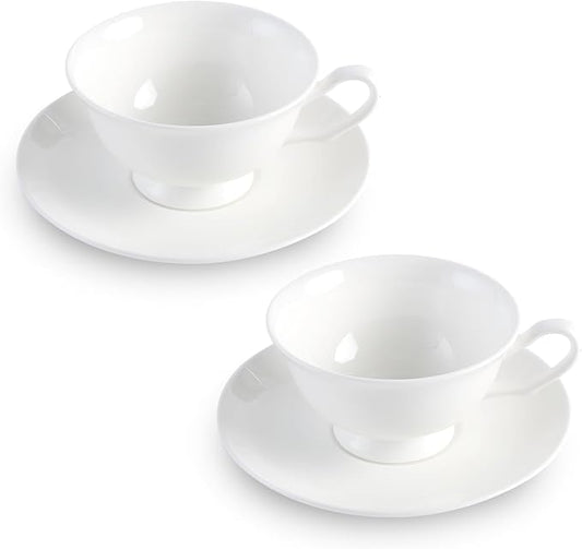 Fine Bone China Espresso Cups and Saucers Set of 2, 5 Oz Classic Plain White Luxury Ceramic Coffee Cups Set, for Wedding, Afternoon Tea, Gift, Work, Festival