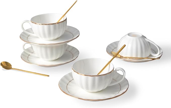 Bone China Tea Cups and Saucers Set (6 oz, Set of 4) ??White Luxury Fine Porcelain Mugs for Tea, Coffee, Latte Art, Barista Use, Elegant Gifting