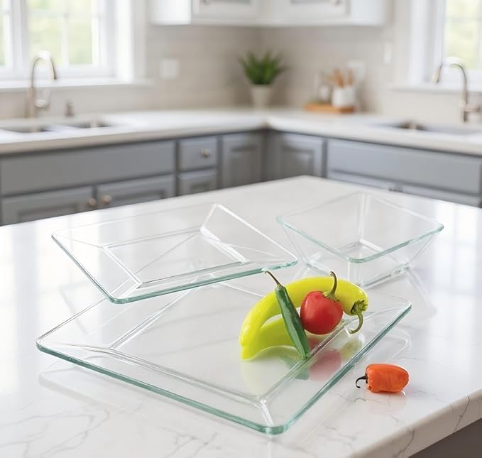 Glass Dinnerware Set - 12-Piece Complete Set (4 Dinner Plates, 4 Salad Plates, 4 Bowls) | Dishwasher Safe, Stackable, Clear Glass for Casual Meals & Table Decoration