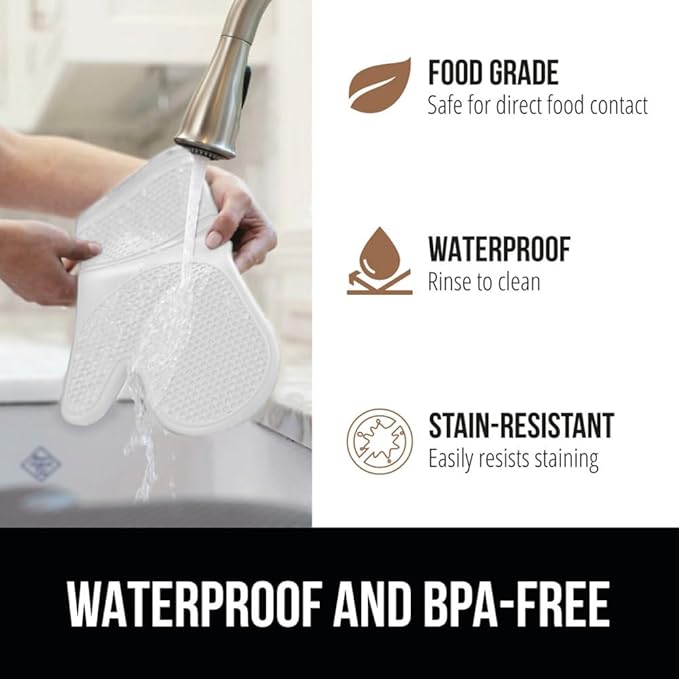 GORILLA GRIP BPA-Free Soft Silicone Oven Mitts, 14.5x8.3, Heat Resistant and Waterproof Cooking Gloves, Thick Cotton Lining, Flexible Gripping for Baking Grilling, Kitchen Potholders Set of 2, White