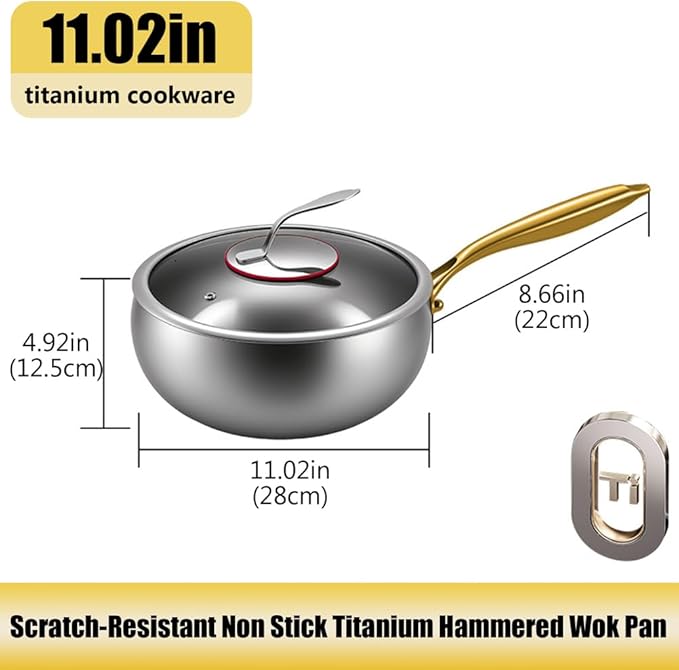 Titanium Hammered Pan with Lid, Thickened Multi-Layer Titanium Wok Pan, Scratch-Resistant Non Stick Stock Pot, Even Heating for Cooking,With lid,11.02IN