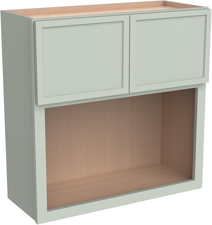 Solid Wood RTA Wall Microwave Open Shelves Cabinet With 2 Doors - Kitchen Pantry Storage Stand (Newtown Jade Green, 30"W24"D42"H)