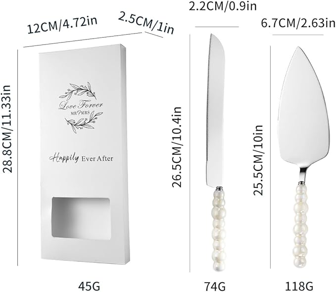 Wedding Cake Cutting Set, Wedding Cake Knife and Server Set, Ceramic Pearl Stainless Steel Pie Cutter, Bridal Shower Gifts, Engagement Gift for Couples (Silver, Set of 2)