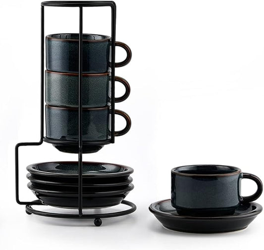 JIEMEI HOME Porcelain Stackable Espresso Cups with Saucers and Metal Stand, 4 Ounce Demitasse Cups for Specialty Coffee Drinks, Latte, Tea Set of 4, Stackable Espresso Mugs, Green & Blue