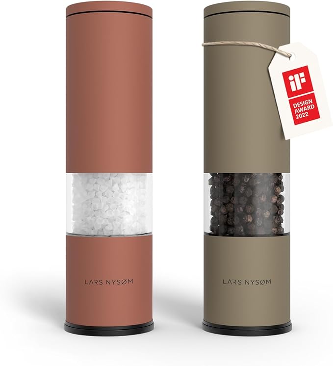 LARS NYS횠M Salt and Pepper Grinder Set Manual, Stainless Steel Salt and Pepper Mills with Adjustable Ceramic Grinder I Design Spice Shakers (Red/Brown)