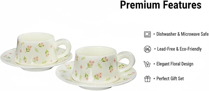 Tea Cup and Saucers, 9.5 oz Floral Tea Cups, Porcelain Teacup, Coffee Cappuccino Espresso Latte Mugs, Floral Design for Party Birthday Cafe Home, Christmas Gifting, A flower Set of 2