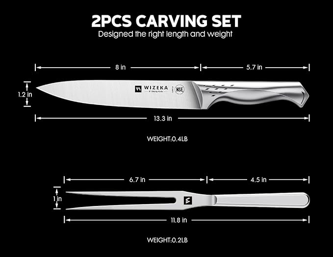 WIZEKA Turkey Carving Knife Set 2-Piece, 8-inch Carving Knife and Fork Set, Ultra-Sharp German Stainless Steel Kitchen Knife for Meat, BBQ, Carving Set with Gift Box, Jaguar Series