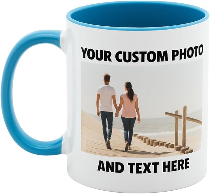 Personalized Coffee Mug | Custom Photo, Text, or Logo Cup (11oz, Light Blue Rim, Inner, and Handle) |Dishwasher & Microwave Safe |Unique Gift for Men & Women ?밫aza Personalizada