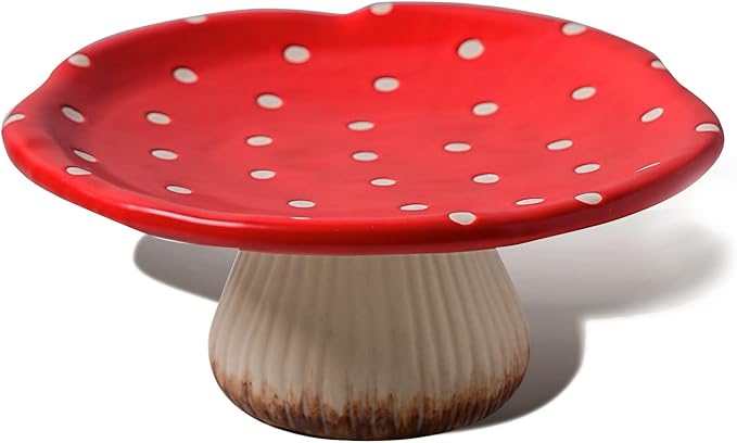 Mushroom Cake Stand, 9 in Polka Dot Safety Ceramic Display Plate Serving Tray, Cute Dinner Plates, Pasta & More.