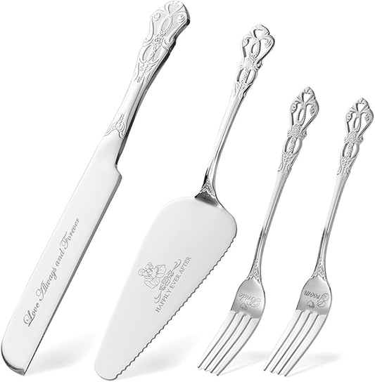 Wedding Cake Knife and Server Set, Silver Cake Cutting Set for Wedding, 4 Pieces Mr and Mrs Gifts Set with Forks for Engagements, Anniversaries