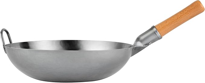 Restaurantware-Motomori 13.38 Inch Hand-Hammered Carbon Steel Wok, 10 Traditional Japanese Wok - Flat Bottom, Wooden Handle, Black Carbon Steel Traditional Stir Fry Pan, With Helper Handle