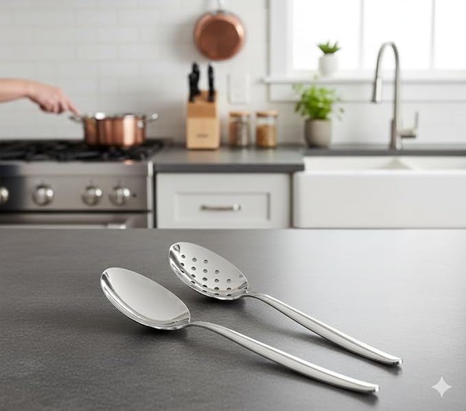2 Pack 8 inch Kunz Small Regular and Perforated Sauce Spoon Set | 18/10 Stainless Steel Chef Spoon (Small Regular and Perforated)