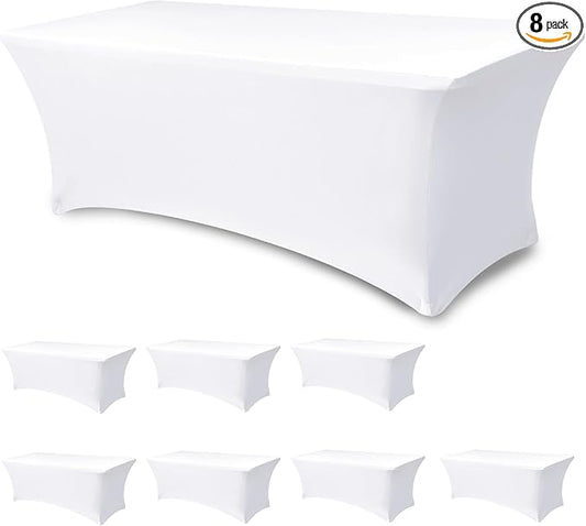 Enjoyidea Table Cover for 6 foot Rectangle Tables-8 Pack White Fitted Stretch Tablecloth-Elastic Spandex 6ft Folding Tablecloths for Party, Vendor Booth Display, Banquet Buffet Event, Craft Trade Show