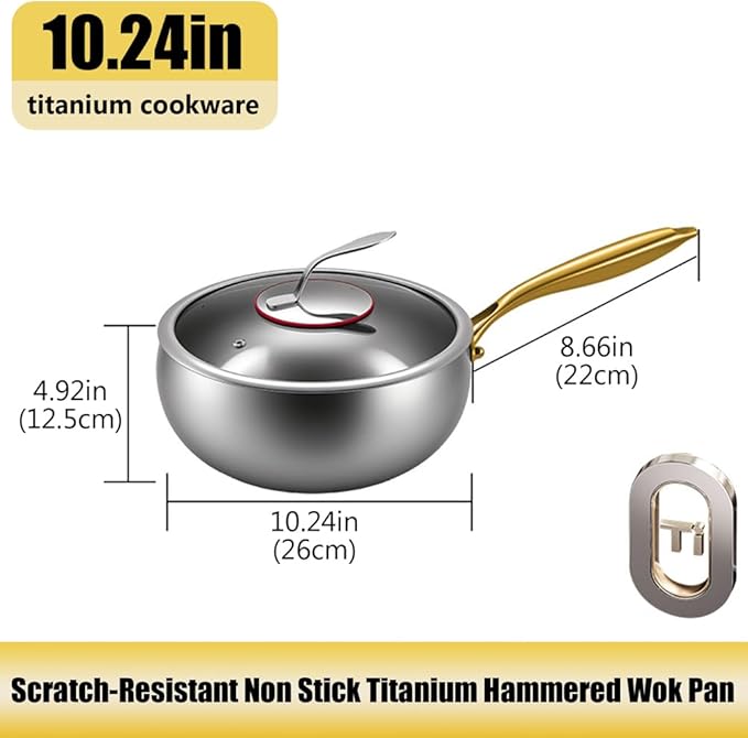 Titanium Hammered Pan with Lid, Thickened Multi-Layer Titanium Wok Pan, Scratch-Resistant Non Stick Stock Pot, Even Heating for Cooking,With lid,10.24IN