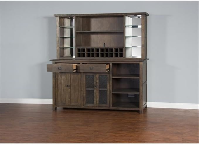 Home Bar and Storage Buffet Cabinet with Hutch in Tobacco Leaf 2 Piece Set
