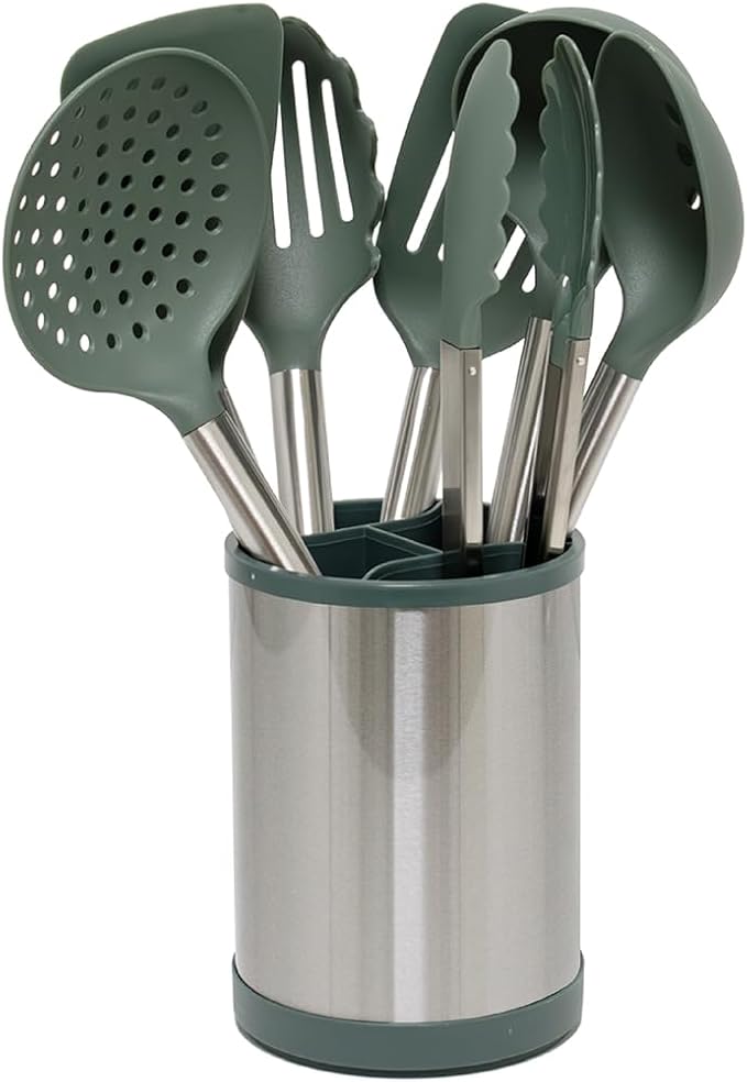 Glad Kitchen Utensils Set, 8pcs - Nonstick Cooking Tools with Stainless Steel Handles & Rotating Utensil Holder - Turners, Ladle, Spoon, Tongs, Spaghetti Server, and Skimmer - Dishwasher Safe, Green