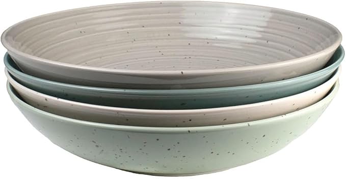 Sango Siterra Artist's Blend Stoneware Pasta Bowls (Set of 4) Multi Assorted Colors??Featuring Soft Gray, Blue, Green, and Ivory, for Everyday Dining & Entertainment, Microwave & Dishwasher Safe