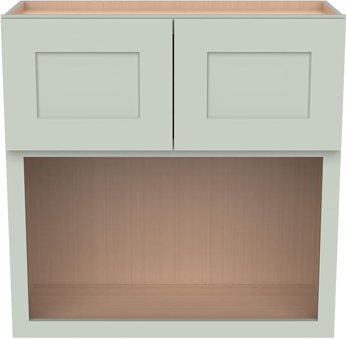 Solid Wood RTA Wall Microwave Cabinet with Open Shelves ??Shaker Style, Space-Saving Kitchen Pantry Storage, Durable and Versatile Wall-Mounted Organizer (SK-Jade Green, 30" W x 24" D x 30" H)