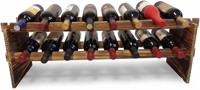 Carbonized Pine Wood Wine Rack - 2-Tier Stackable Wine Storage, Holds 16 Bottles, Freestanding Wine Organizer for Kitchen, Living Room, Stylish & Durable