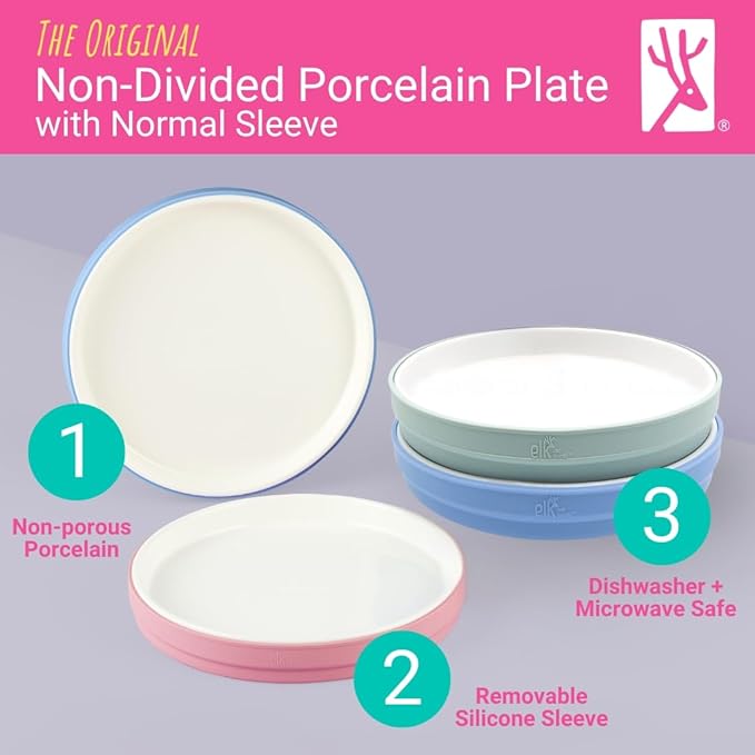 Elk and Friends Kids 7.8??Porcelain White Plates with Silicone Sleeves | Suitable for Babies/Toddlers | Microwave & Dishwasher Safe | Non Slip Dinnerware | Snack Dishes | 4 Pack
