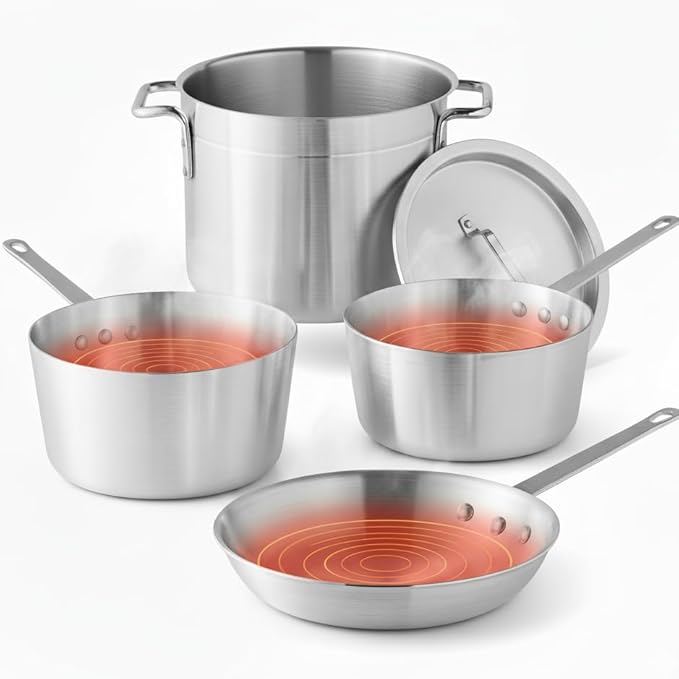 5-Piece Aluminum Cookware Set ??Includes 2.75 Qt & 3.75 Qt Sauce Pans, 8 Qt Stock Pot with Cover, and 10" Fry Pan ??Heavy-Duty Riveted Handles, Superior Heat Distribution (5-Piece Set)