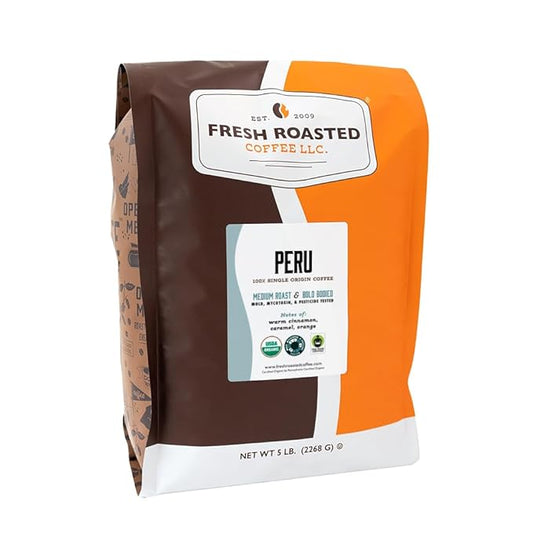 Fresh Roasted Coffee, USDA Organic Peru | 3rd Party Tested for Pesticides, Mold, Mycotoxins, Kosher | 100% Arabica, Specialty Grade, Med Roast 5 lb (80 oz) Whole Bean