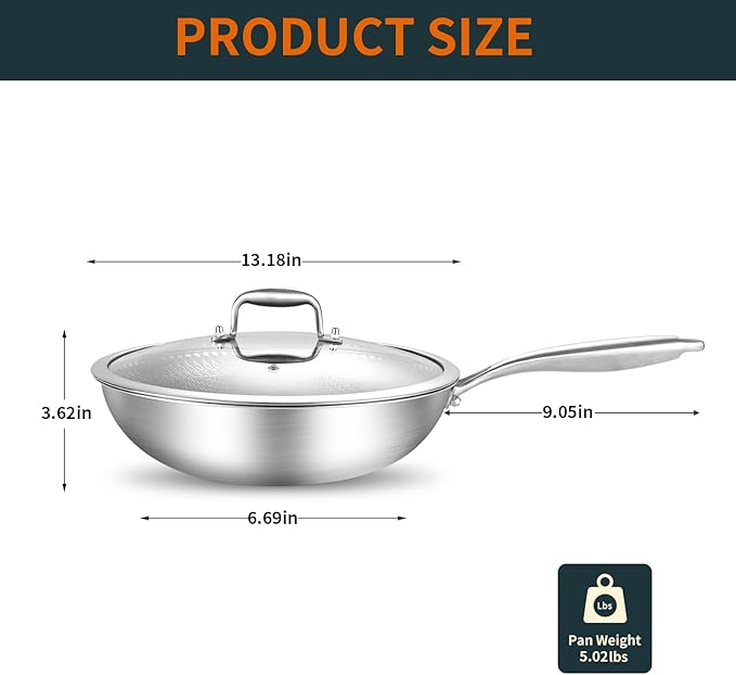 DELARLO Tri-Ply Stainless Steel Wok Pan With Lid 13 Inch, Oven Safe Up to 600??Woks & Stir-Fry Pans Nonstick Wok, Deep Frying Pan Efficent Fast Even Heating