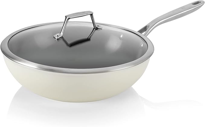 TeChef ValenCera Collectioin | Ceramic Nonstick Flat Bottom Wok Stir Fry Pan with Lid, Nontoxic - Free of PFOA, PTFE, PFAS, Induction Ready, Oven Safe, Made in Korea (Wok/Stir Fry Pan with Lid, 12-in)