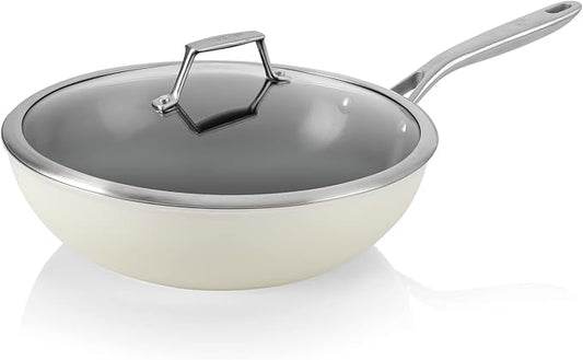 TeChef ValenCera Collectioin | Ceramic Nonstick Flat Bottom Wok Stir Fry Pan with Lid, Nontoxic - Free of PFOA, PTFE, PFAS, Induction Ready, Oven Safe, Made in Korea (Wok/Stir Fry Pan with Lid, 12-in)