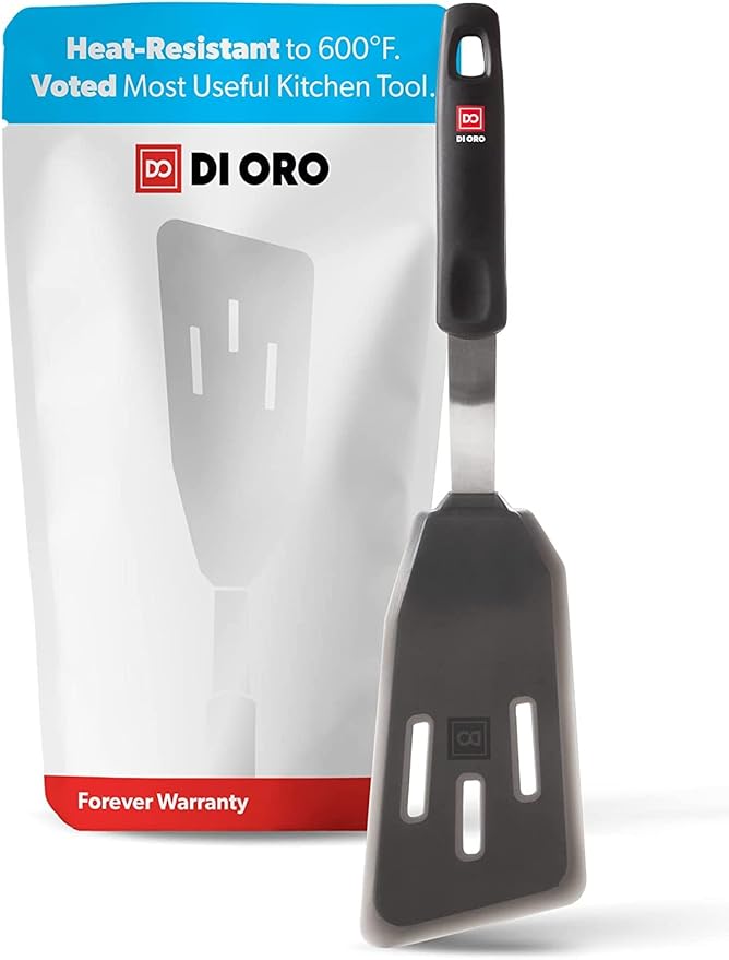 DI ORO Silicone Fish Spatula - for Nonstick Cookware - Fish Turner Spatula 600째F Heat-Resistant BPA Free - Slotted for Cooking - Non Stick Thin Egg Flipper (Black)