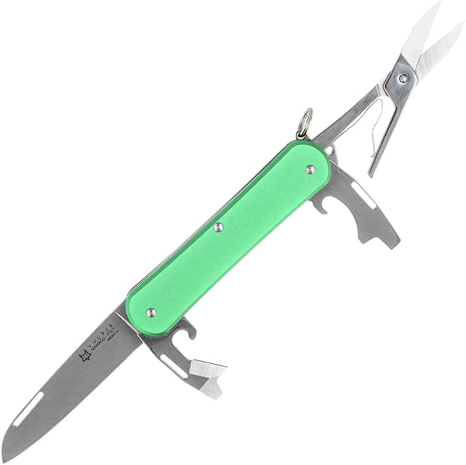 Fox Knives Vulpis FX-VP130-F4 Slipjoint Folding Knife 4-in-1 Multitool 2.17in Blade, Bottle Opener, Can Opener, Flat Head Screwdriver, Scissors - Compact Versatile Minimalist Pocket Knife (OD Green)