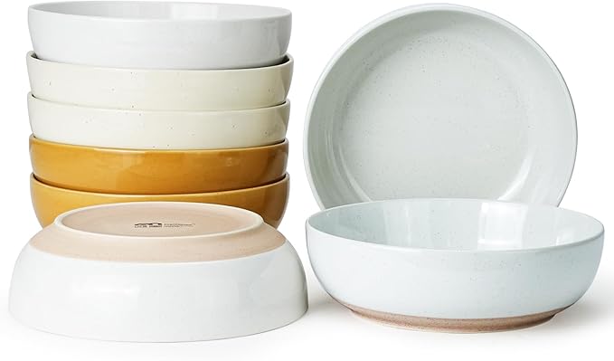 Pasta Bowls Set of 8, 34oz Speckled Ceramic Bowls Set for Serving Salad, Pasta, Soup, Dinner, 8" Wide and Deep Bowls, Dishwasher & Microwave Safe, Matte Terracotta Base (Mixed Color)
